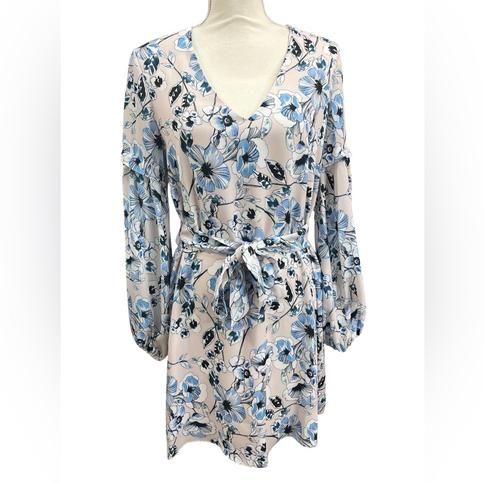 Parker Blush Blue Floral Tie Waist Mini Dress Long Sleeve Size S - Picture 2 of 9